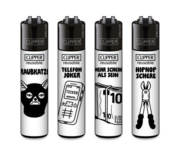 Clipper CLASSIC Large Junkie Tattoo 4er Set in Schwarz-Weiß mit Motiven „Raubkatze“, „Telefon Joker“, „Mehr Schein als Sein“ und „Hiphop Schere“ – nachfüllbar, Softflame, Feuerstein wechselbar, Stopfhilfe.
